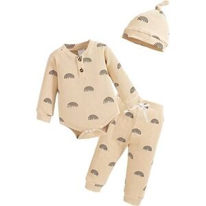 Baby Girl Boy Rainbow Long Sleeve Bodysuit Pants Hat Set Cream Ribbed‎ Knit